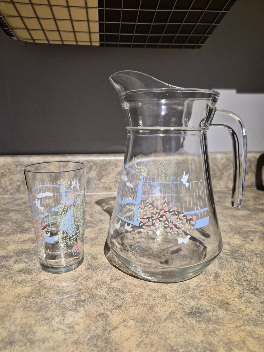 Yves Rocher Vintage Clear Glass Pitcher and Glass